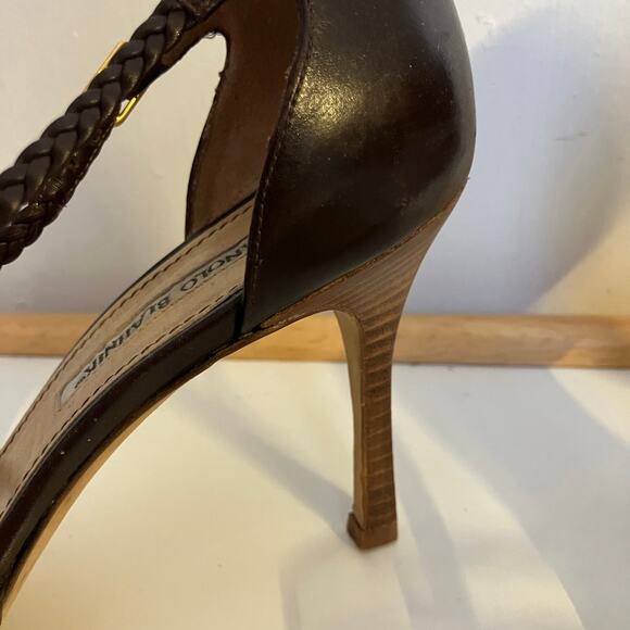 Vintage Manolo Blahnik brown braided leather strappy open toe stiletto heels - Picture 5 of 16